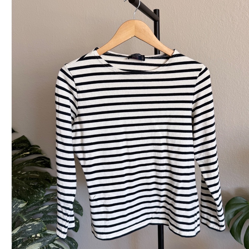 Saint James L'Atelier Breton Striped Long Sleeve Shirt Cream Navy Blue France